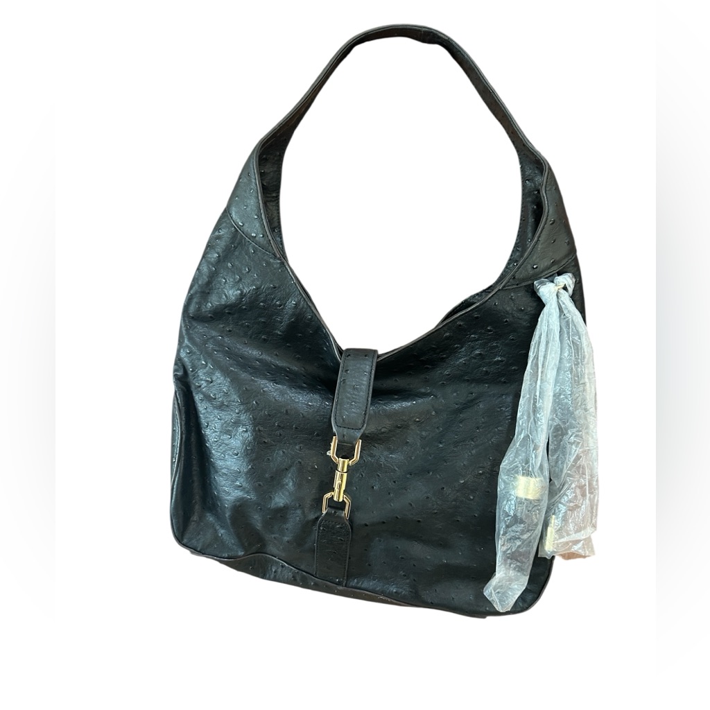 Gili Hobo Style Handbag Black Leather Ostrich Embossed Shoulder Bag Purse Nwot